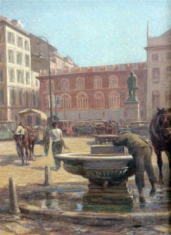 § Alessandro Viazzi (1872-1956), oil on board, Piazza with figures at a fountain